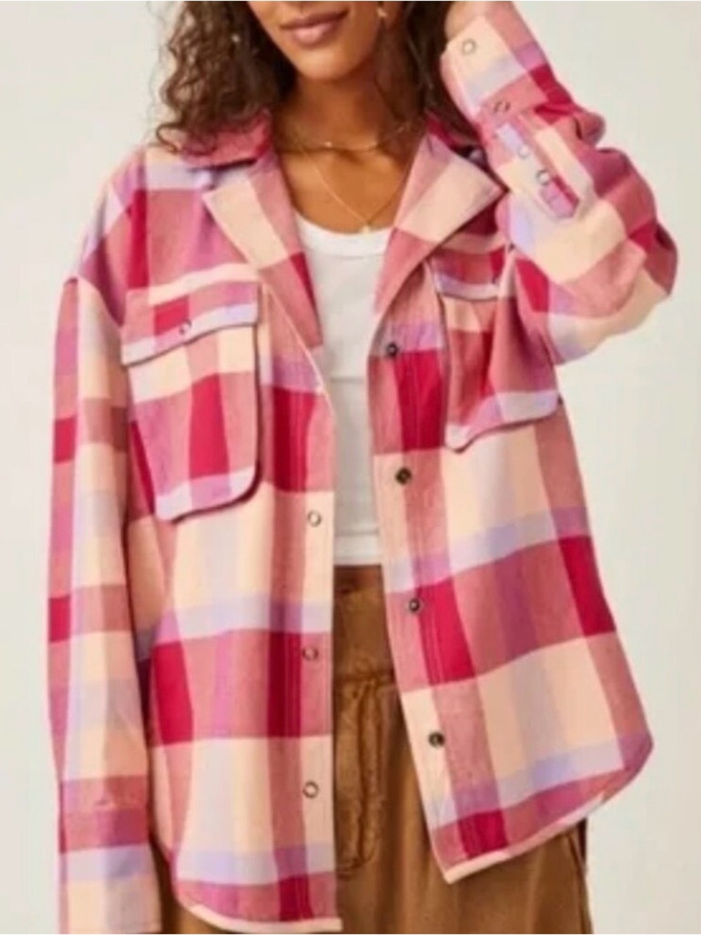 NWT Free People We The Free Izzie Cargo Plaid Flannel Shirt Size S